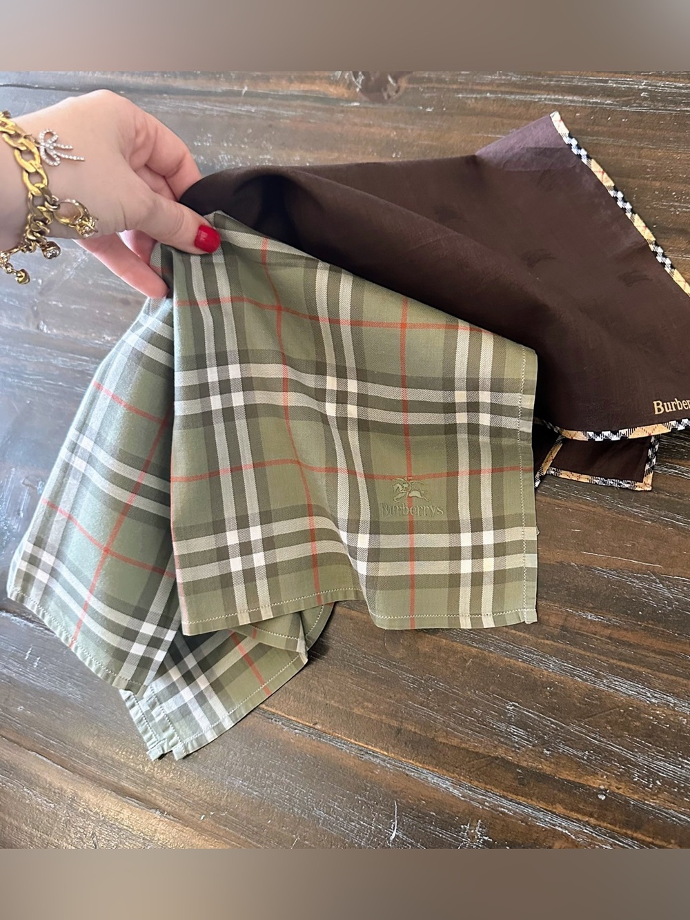 Burberry Mens Pocket Handkerchief Lot of 2 Suit Classic Man Neck Tie Check Brown